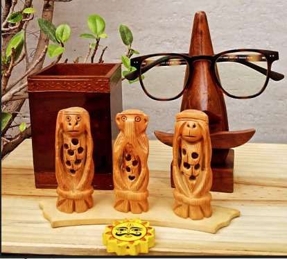 Brown Wooden Carved Gandhi Monkey Statue Set