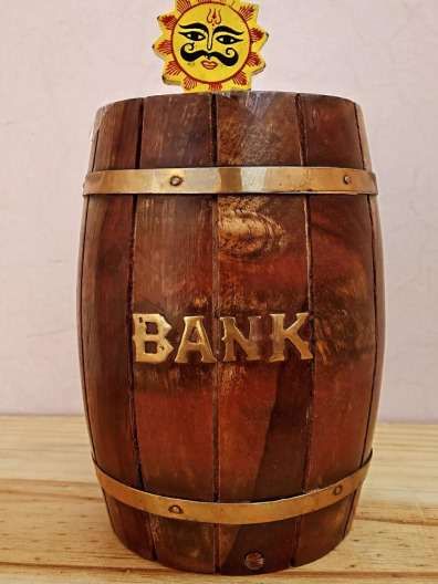 Handcrafted Wooden Barrel Shape Piggy Bank