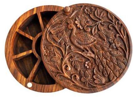 Round Wooden Carved Spice Box