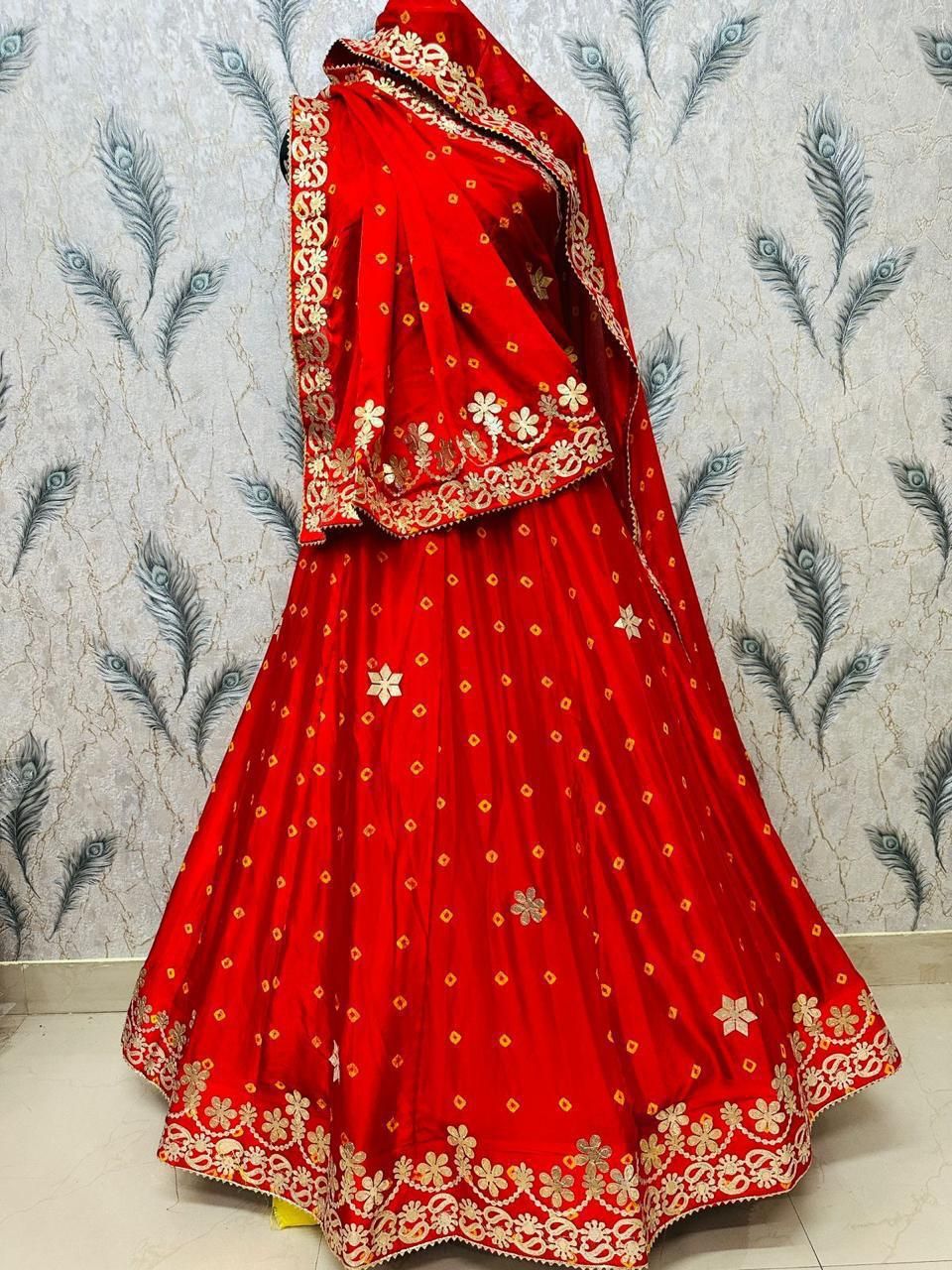 Bright Red Embroidered Chinon Silk Lehenga Choli