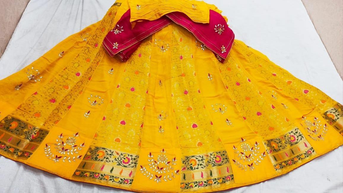 Embroidery Yellow Uppada Silk Semi Stitched Lehenga Choli