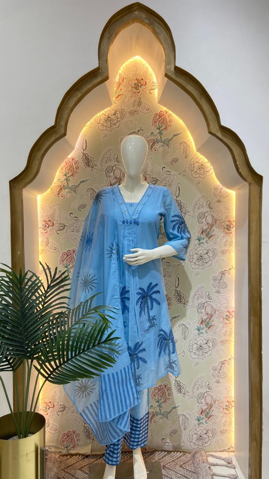 Sky Blue Combric Cotton Printed Ladies Suit Set