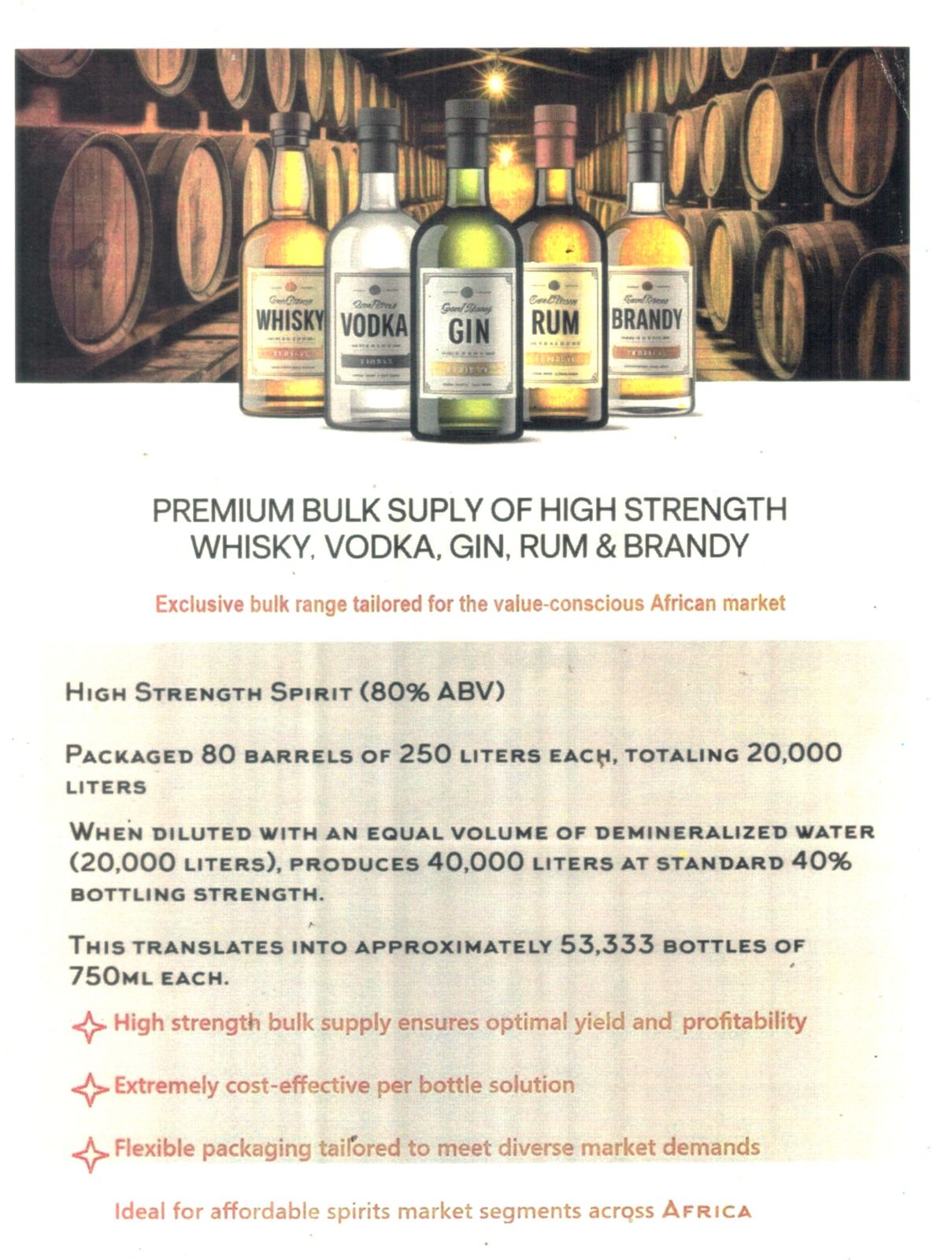 High Strength Bulk Whisky.rum/gin.vodka 80% Alc