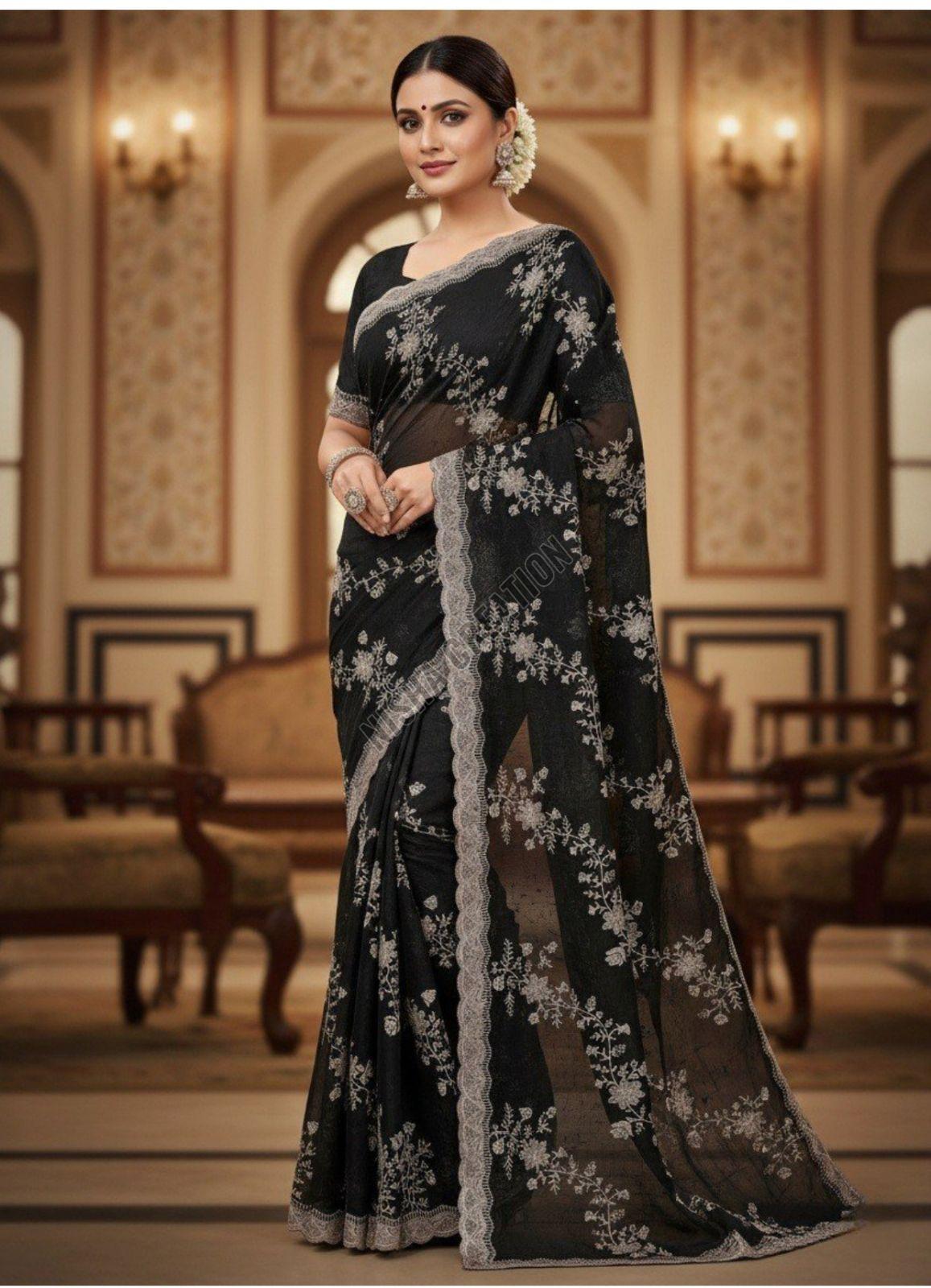 Black Embroidery Silk Saree