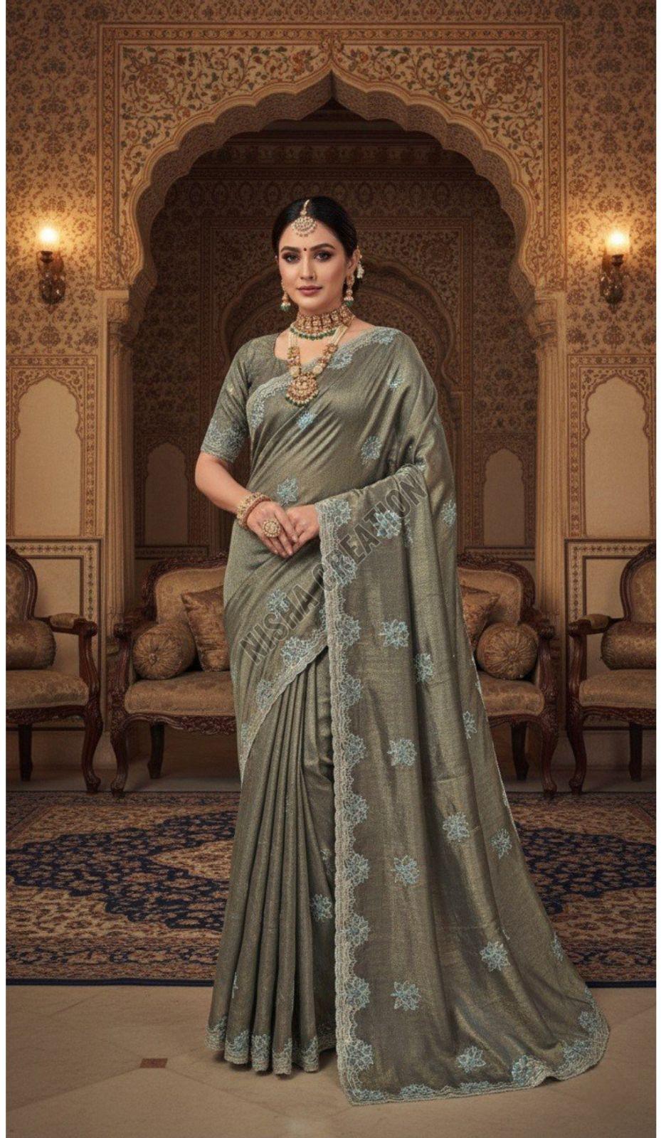 Black Olive Embroidery Silk Saree