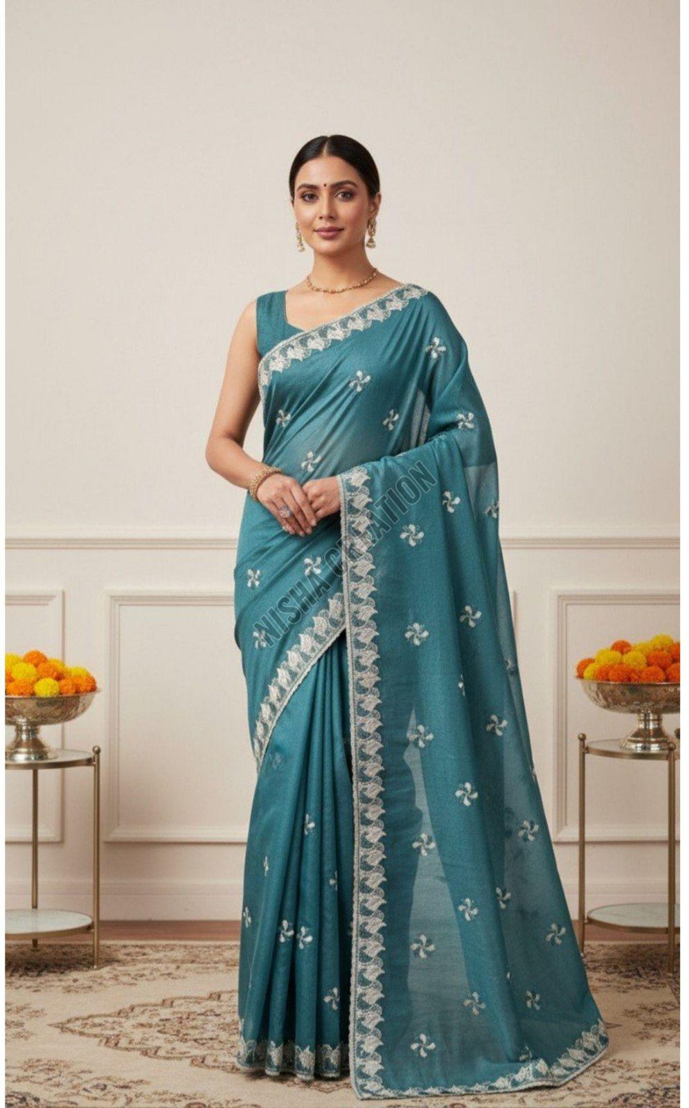 Peacock Blue Embroidery Silk Saree