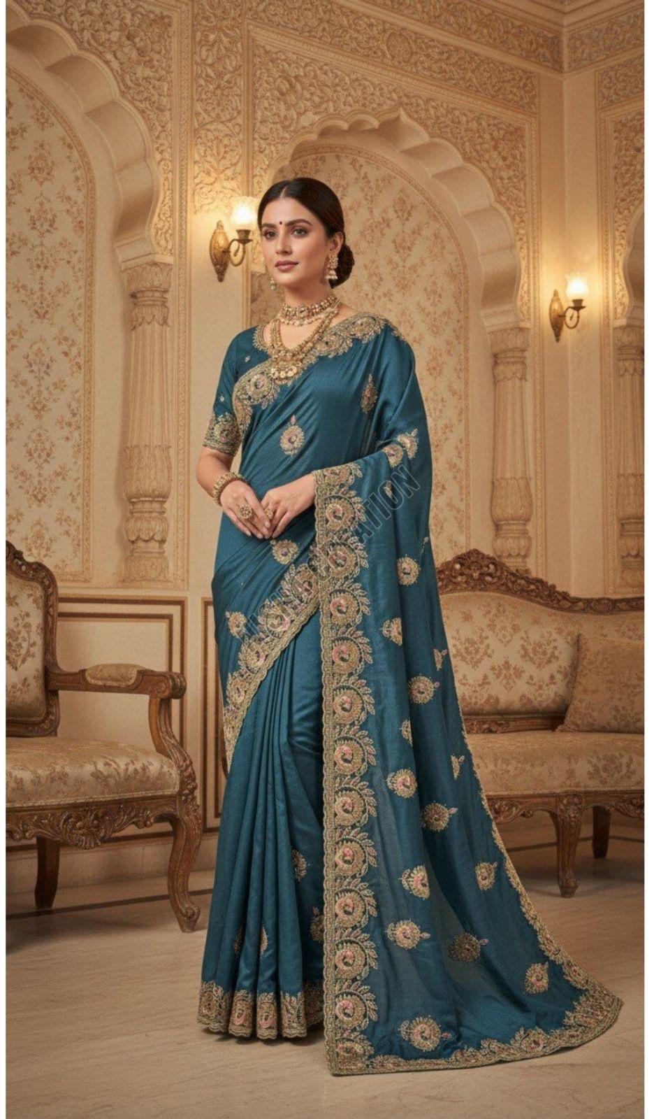 Rama Blue Embroidery Silk Saree