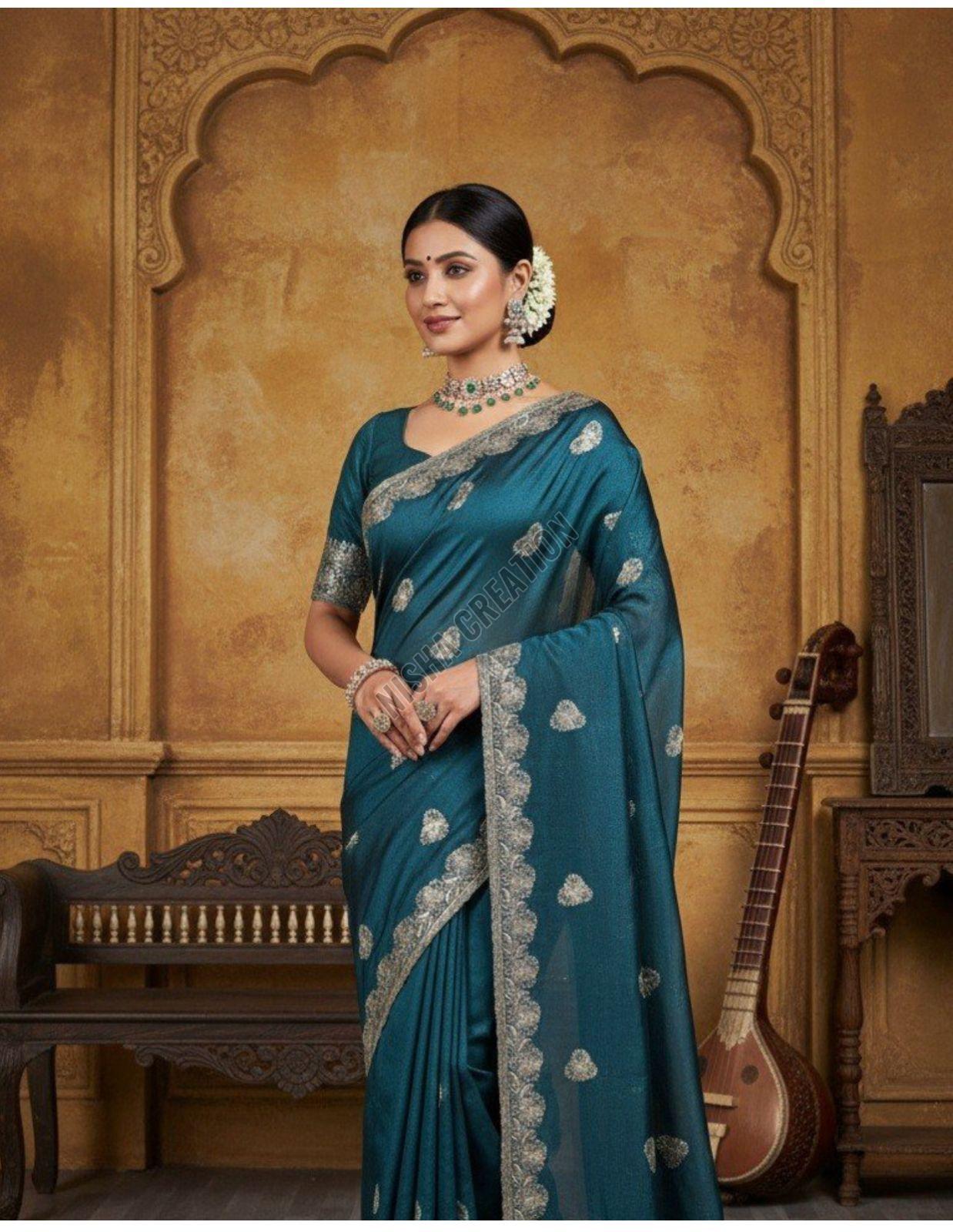 Teal Green Embroidery Silk Saree