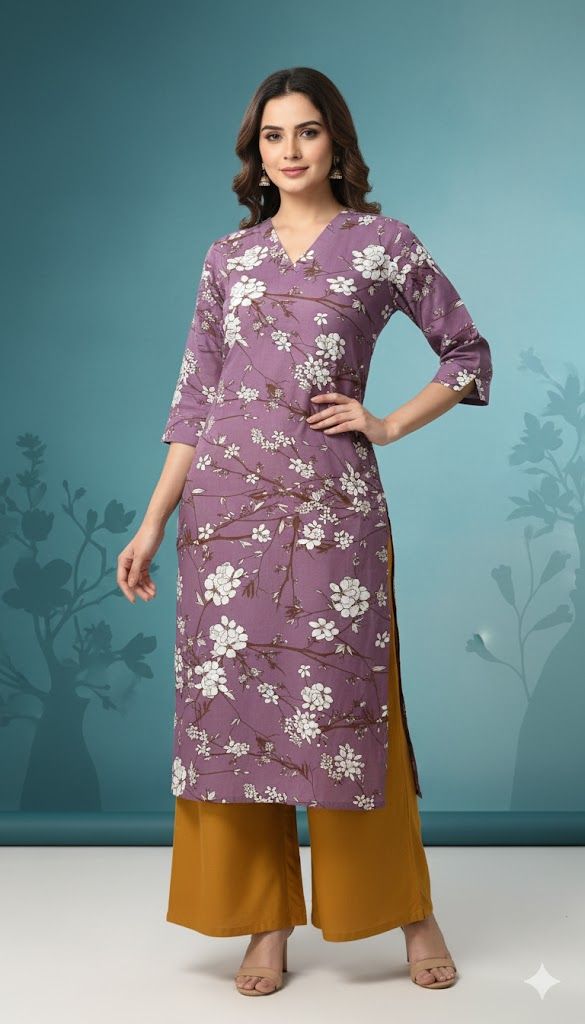 Ladies Purple Printed Rayon Long Kurti