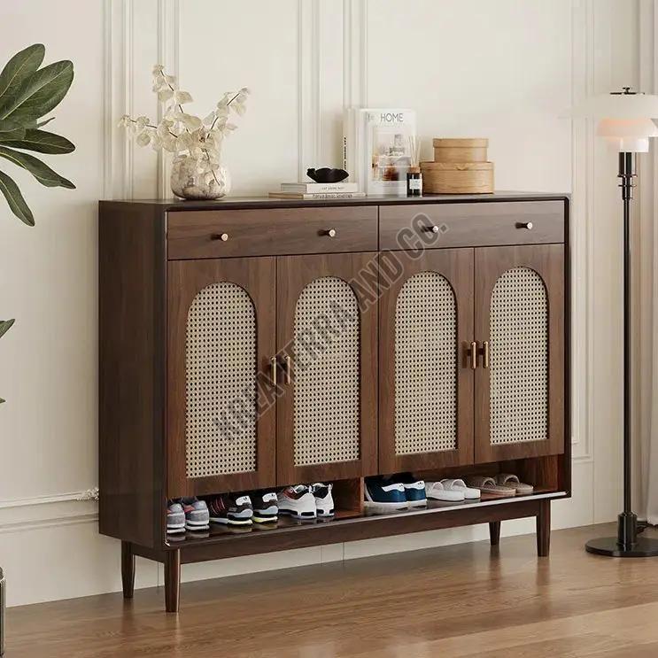 Brown Wooden Cane Shoe Cabinet