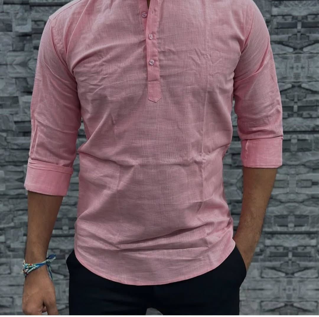 Light Pink Cotton Plain Men Short Kurta