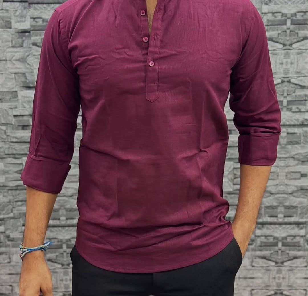 Maroon Cotton Plain Men Short Kurta