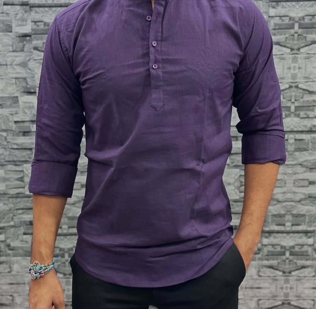 Purple Cotton Plain Men Short Kurta