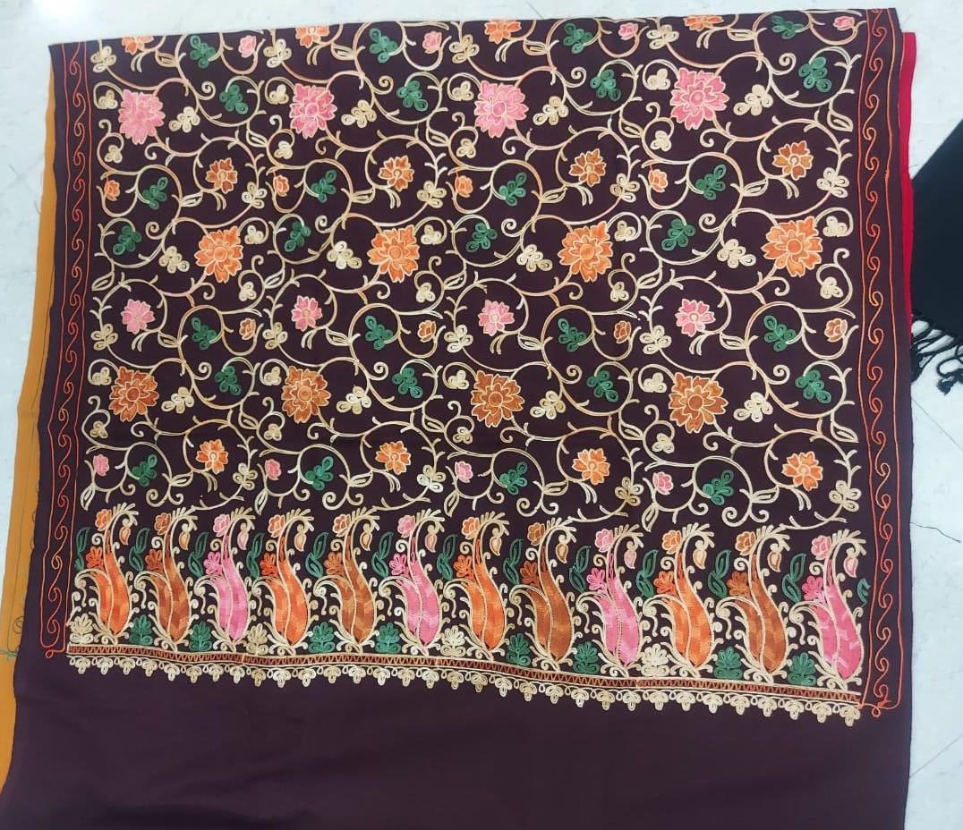 Ladies Maroon Embroidered Kashmiri Pashmina Shawl
