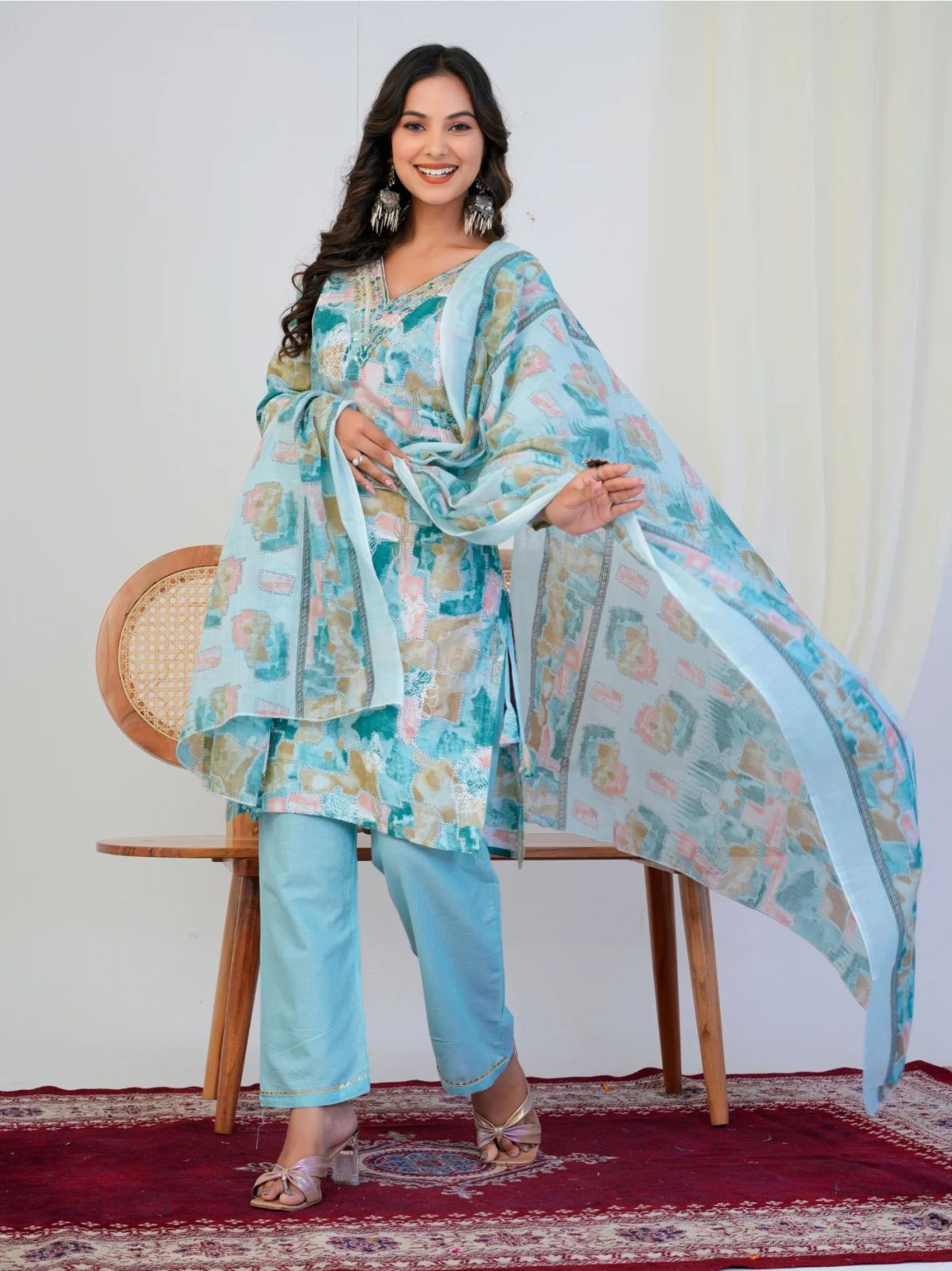 Aqua Blue Abstract Print With Handwork 3 Piece Suit Set