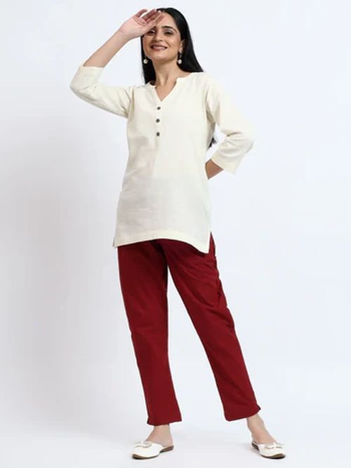 Ecru Wine Linen Cotton Short Kurti Pant Set