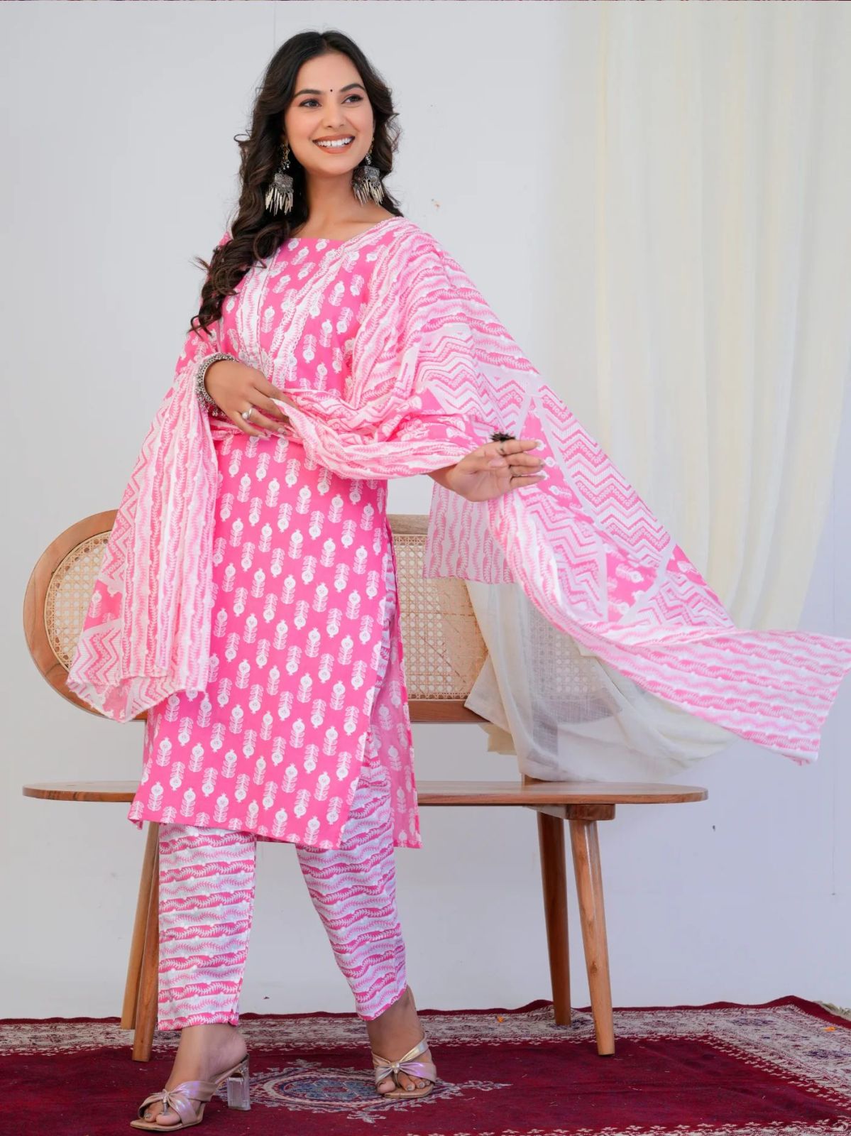Pink Block Print 3 Piece Suit Set