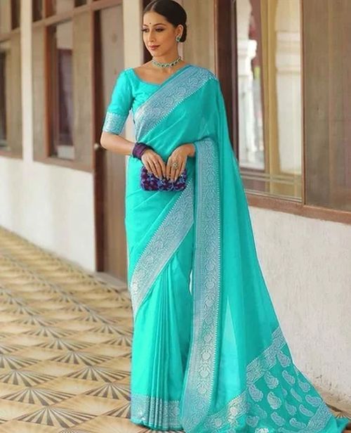 Aqua Blue Trendy Silk Saree