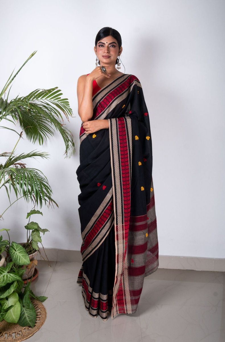 Black Dhaniakhali Cotton Saree