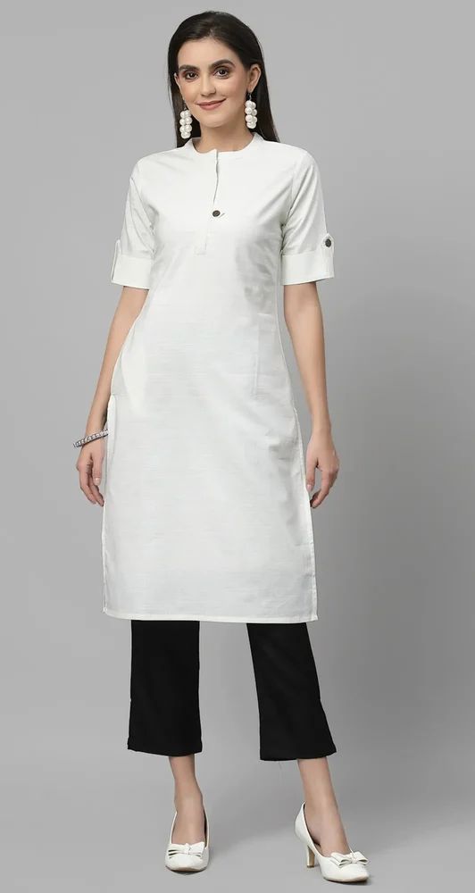 Women White Knee Length Cotton Kurti