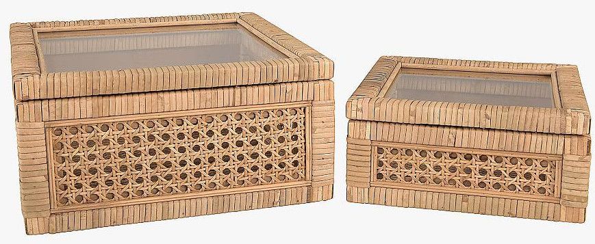 Woven Rattan & Wood Boxes Set OF 2 Pcs