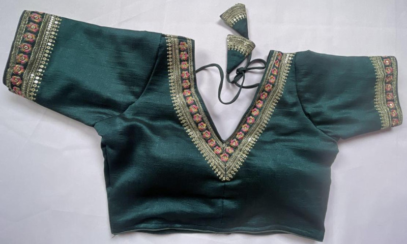 Green V Neck Readymade Blouse