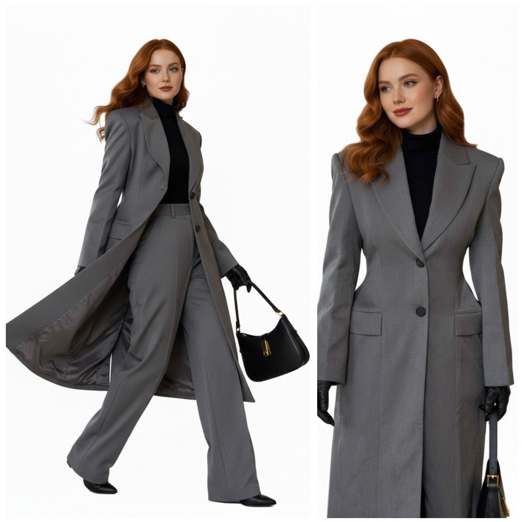 Ladies Grey Cotton Long Coat and Pant Set