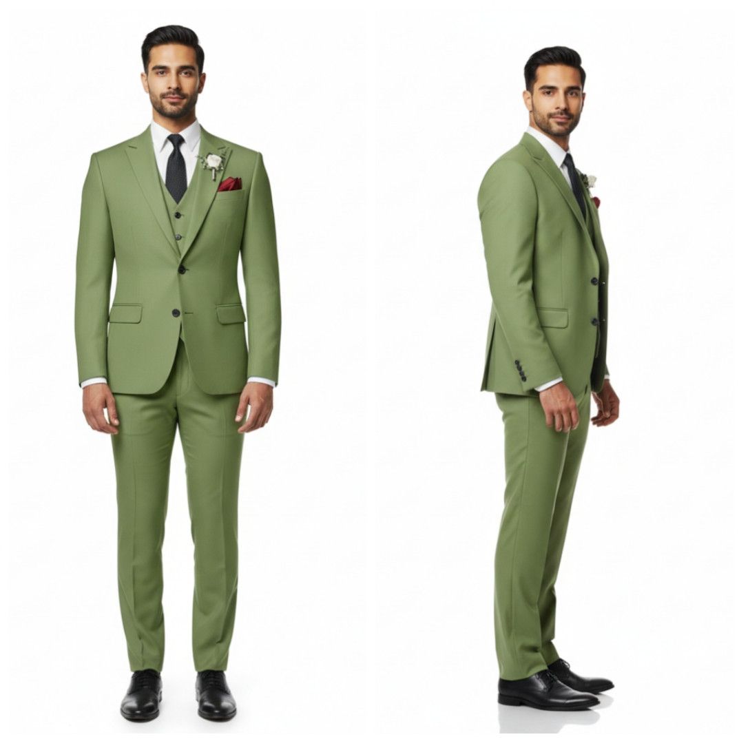 Mens Cotton Lime Green Three Piece Suit