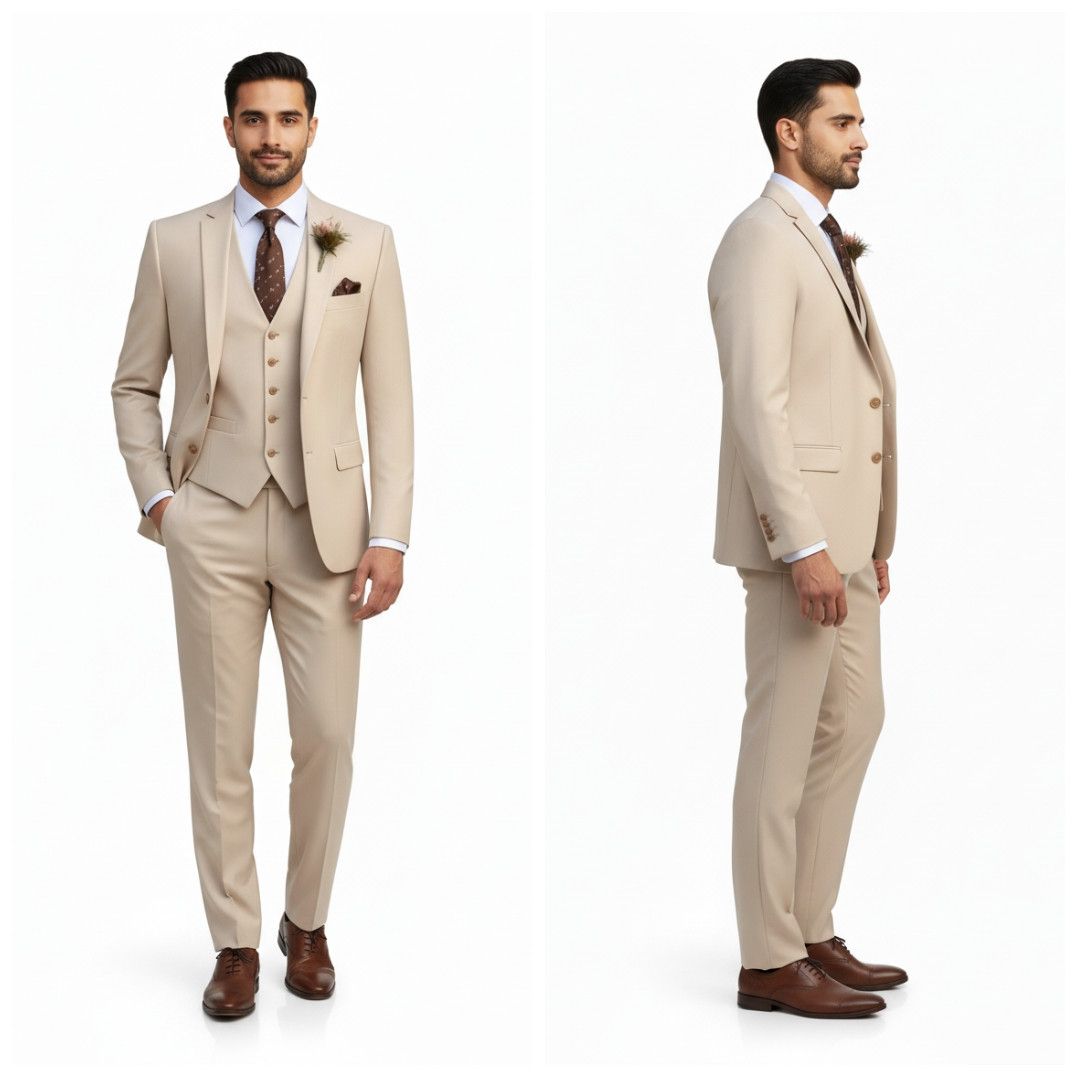Mens Party Wear Cream Cotton Three Piece Suit