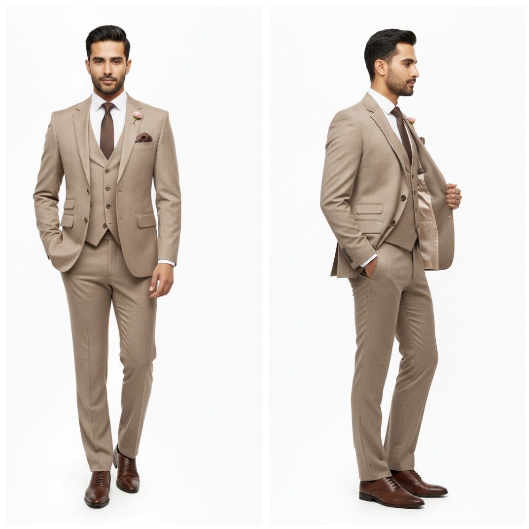 Mens Plain Cotton Beige Three Piece Suit