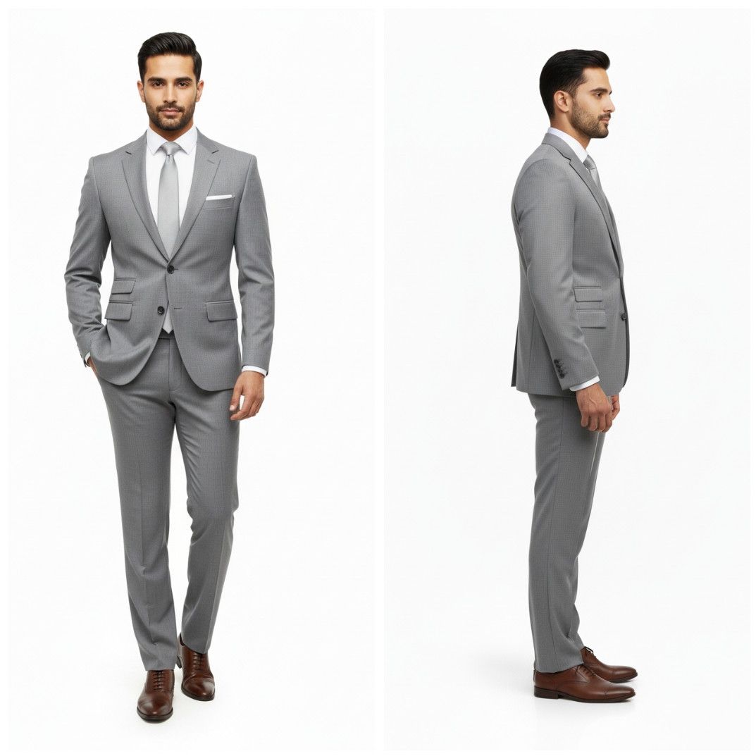 Mens Plain Grey Cotton Three Piece Suit