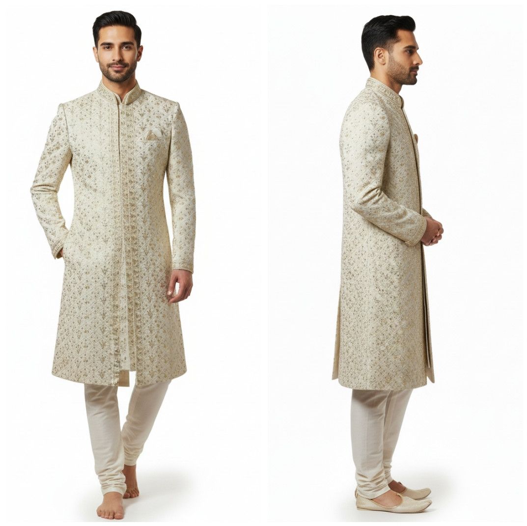 Mens White Embroidered Silk Sherwani
