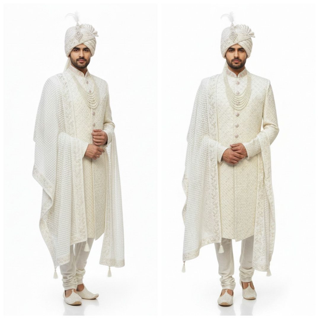 White Groom Wedding Sherwani