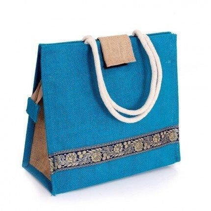Blue Ethnic Border Jute Handbag