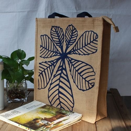 Blue Leaf Design Jute Bag