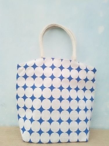 Blue Polka Print Jute Tote Bag