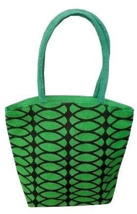 Green Geometric Print Jute Tote