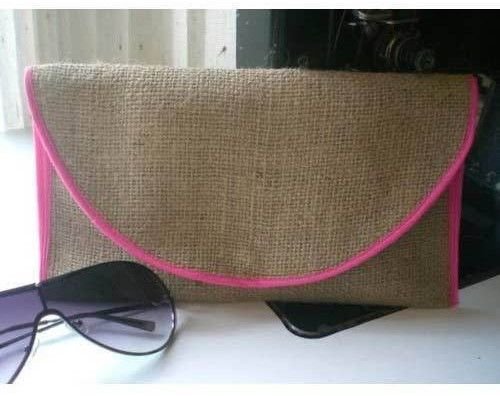 Jute Envelope Clutch with Pink Piping