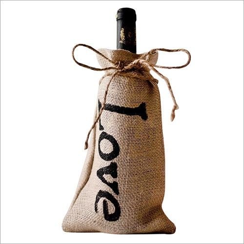 Love Print Jute Wine Bottle Gift Bag with Drawstring Closure
