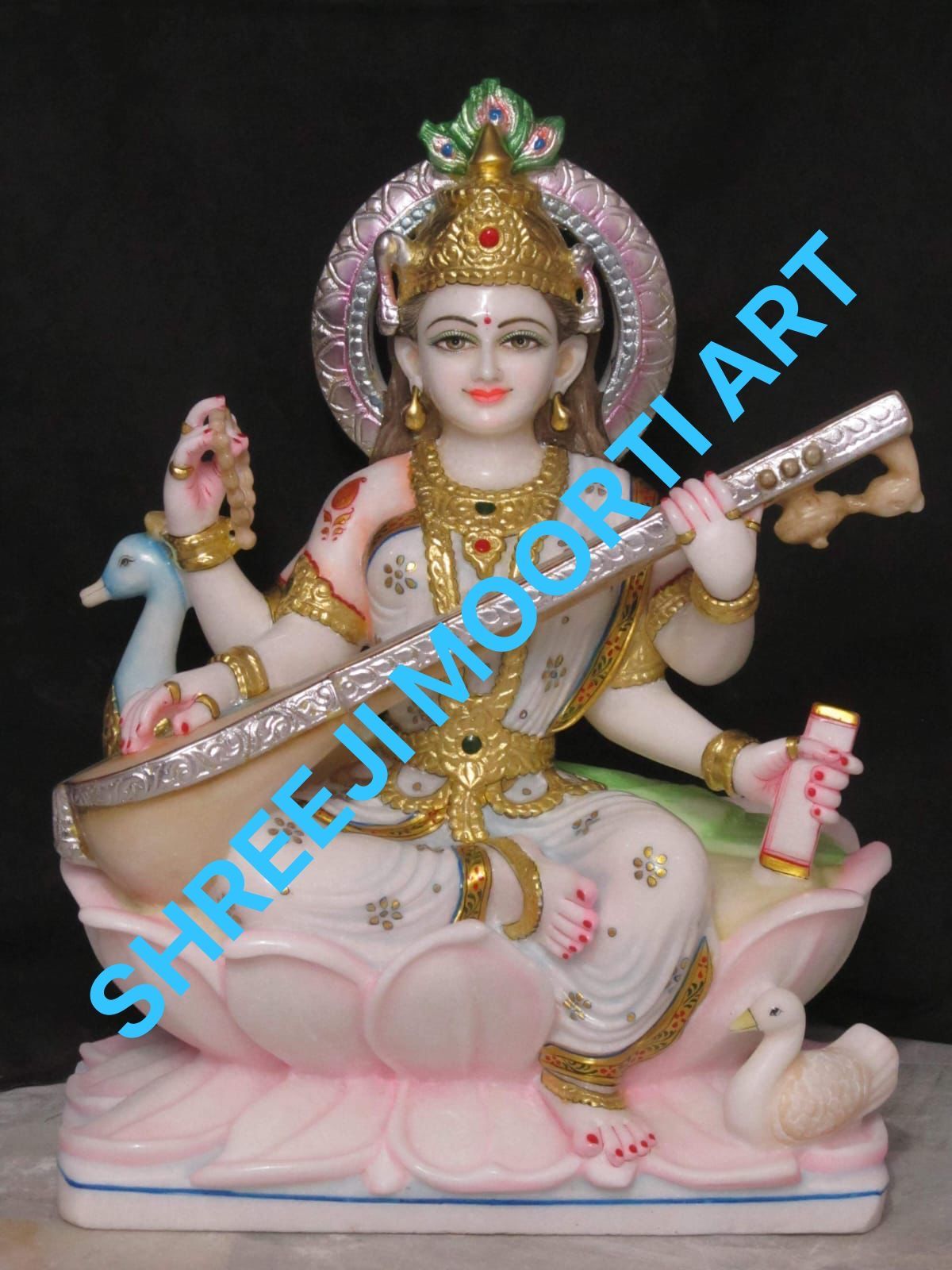 Painted Marble Maa Saraswati Statue