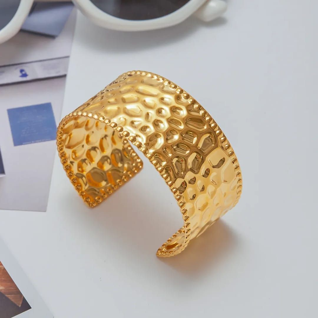 Brass Hammered Beaded Cuff Bracelet
