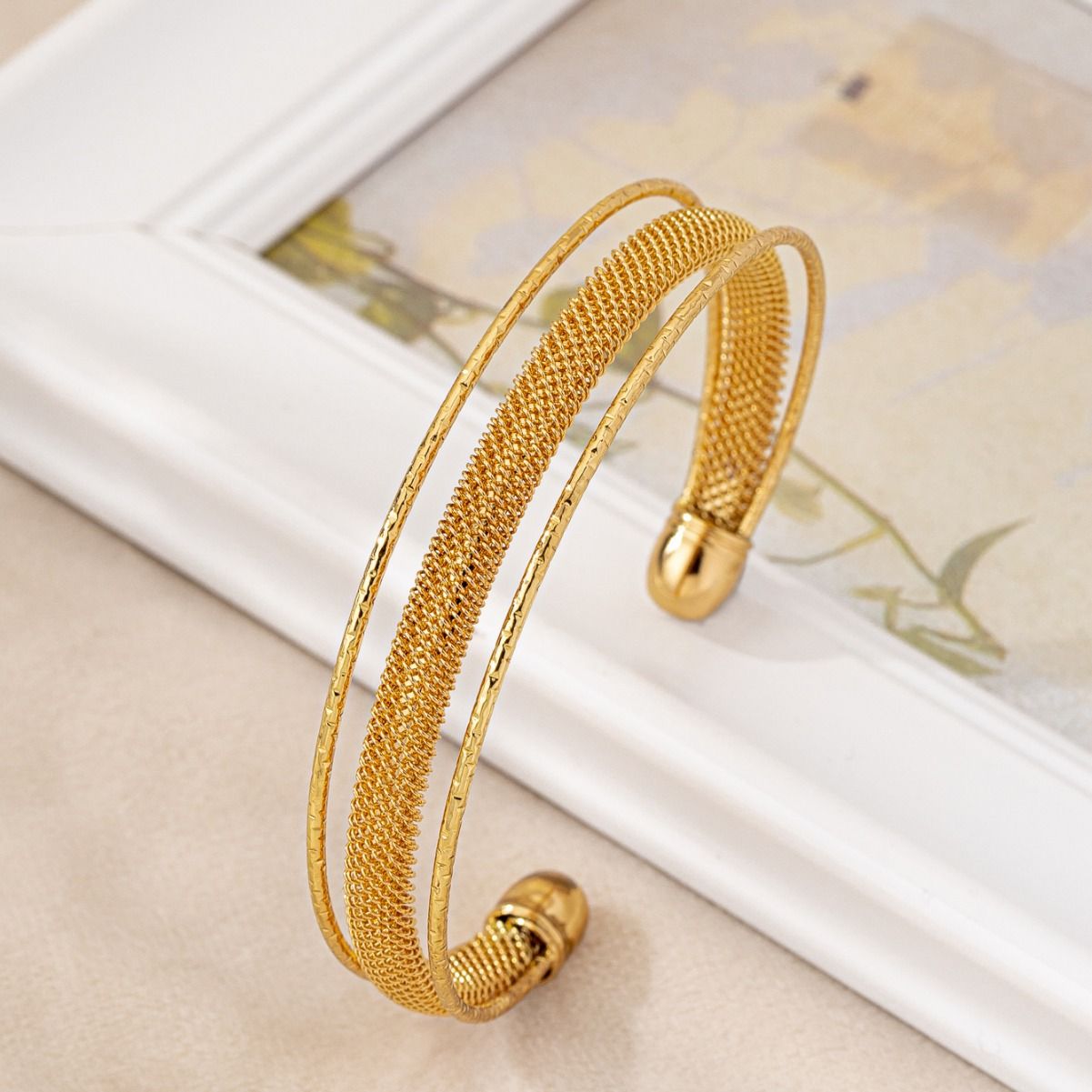 Golden Tone Dual Band Mesh Cuff Bracelet