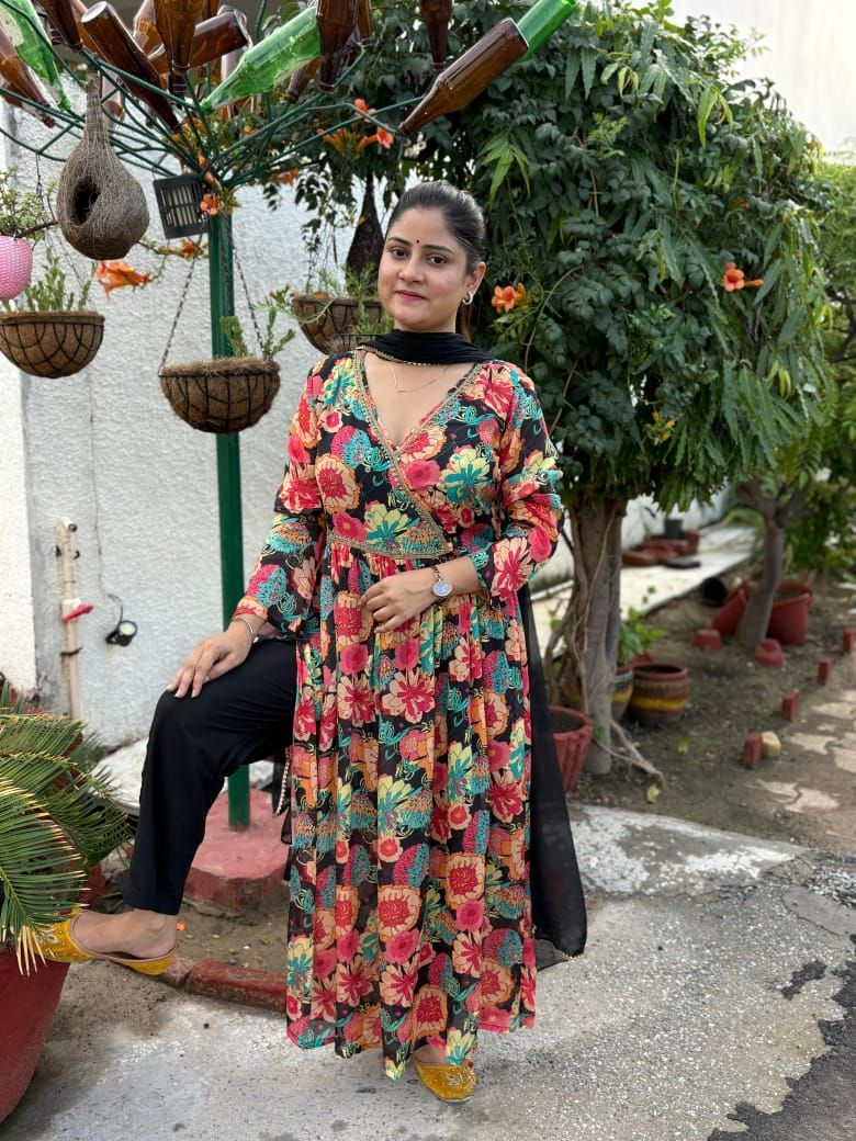Ladies Multicolor Floral Black Dupatta Anarkali Suit