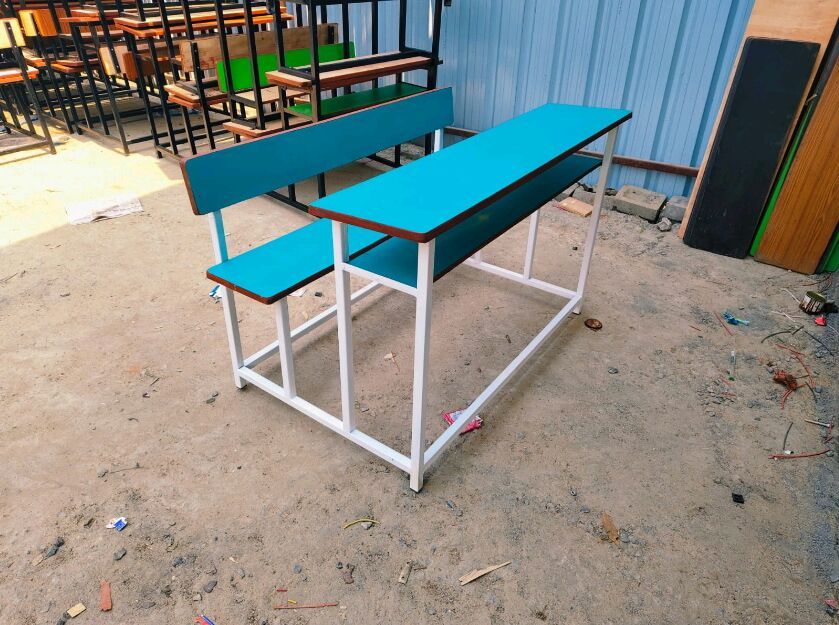 Blue Wooden Three Seater Classroom Desk
