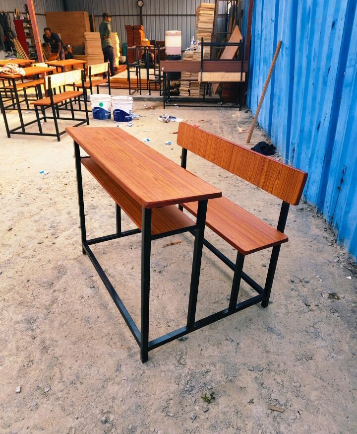 Brown Wooden Three Seater Classroom Desk