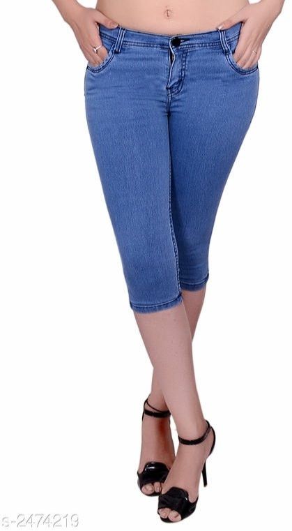 Ladies Blue Denim Stretch Capri