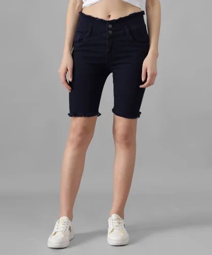 Ladies Dark Blue High Waist Denim Shorts