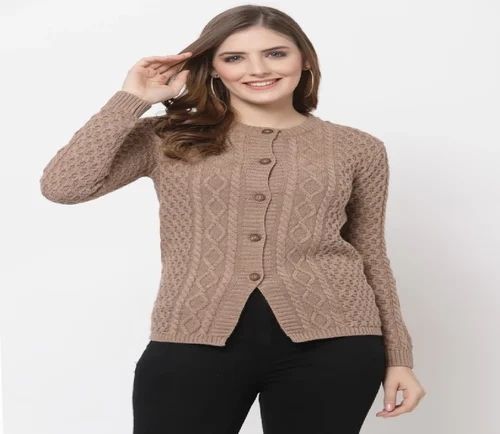 Ladies Light Brown Diamond Cable Knit Cardigan