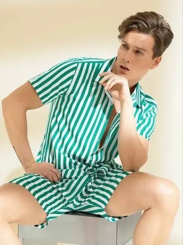 Mens Green & White Striped Co-ord Set