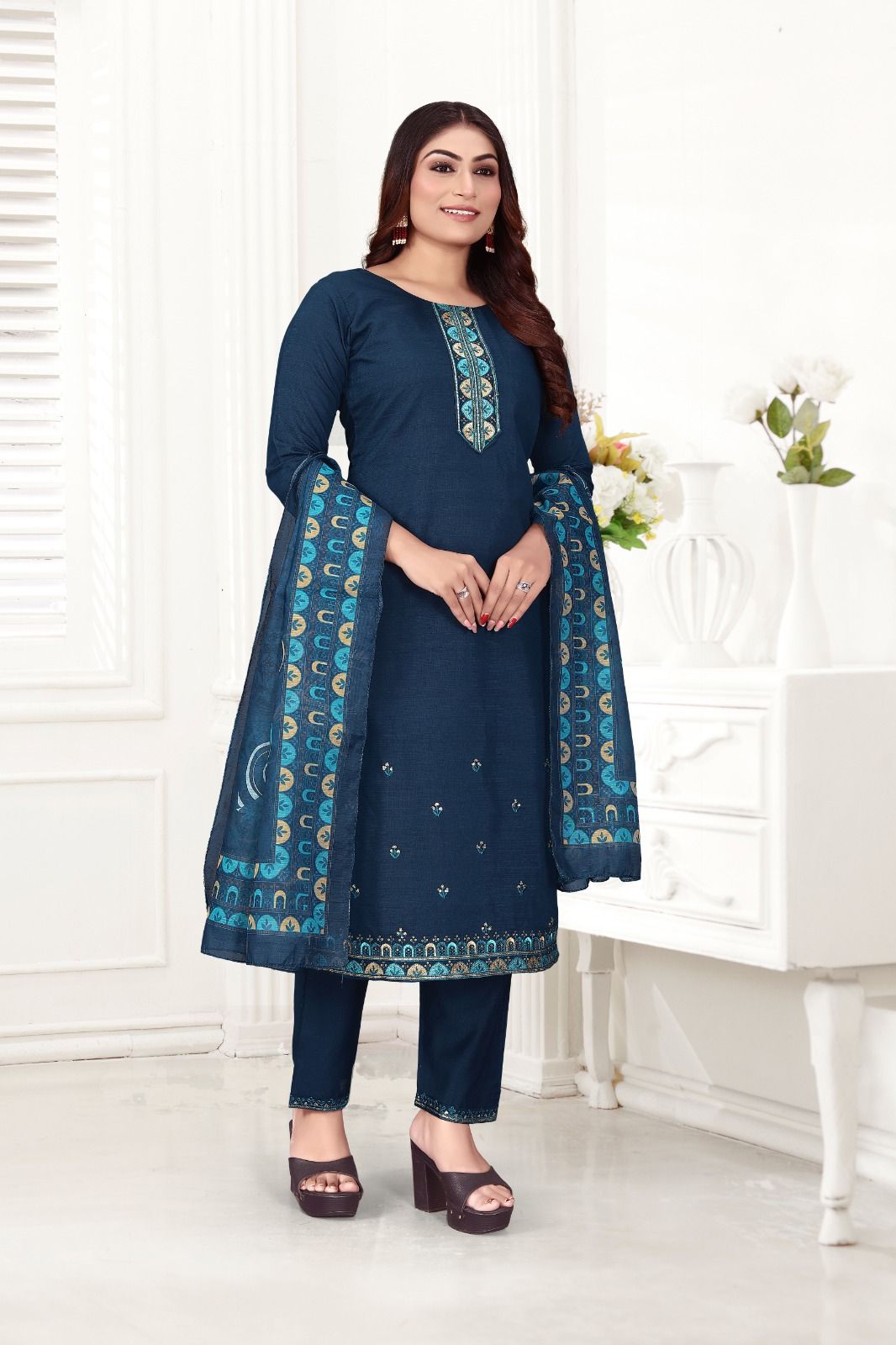 Navy Blue Pure Cotton Embroidered Ladies Kurta Set
